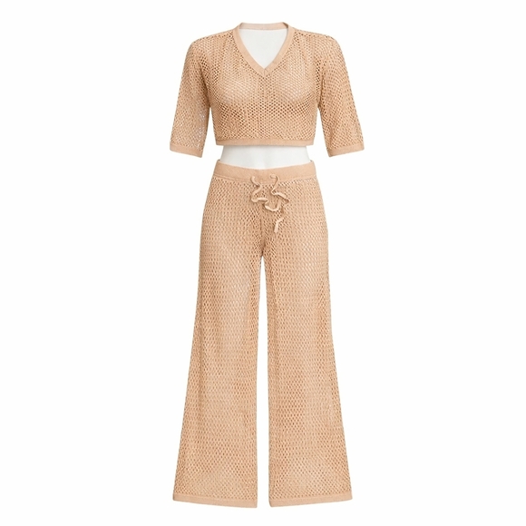 Unbranded Other - Women's 2 Piece Crochet Swimsuit Cover Up Crop Top Drawstring Long Pants - NWOT